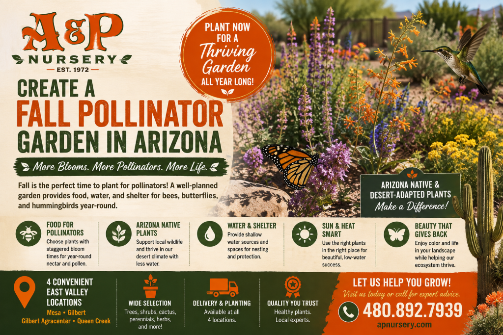 Create a fall pollinator garden with Arizona friendly plants, layered blooms, water, and shelter.